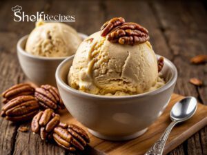Bowl of rich, creamy butter pecan ice cream with golden toasted pecans on top, served with a spoon on a rustic wooden table