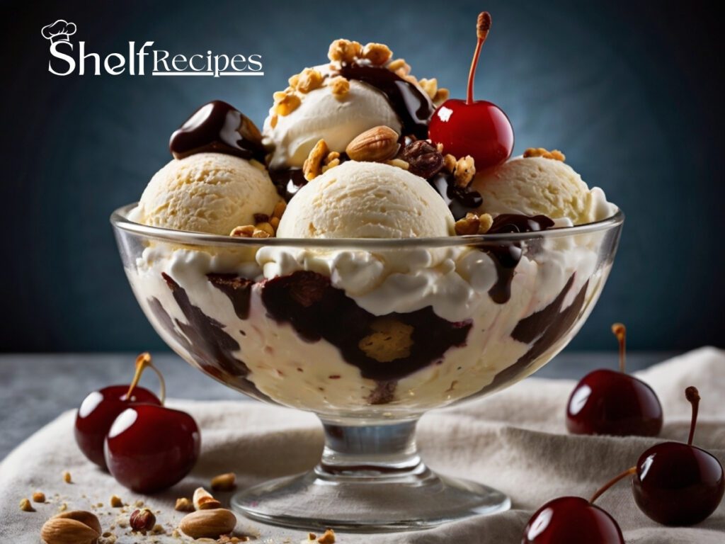 A classic ice cream sundae in a glass dish, featuring scoops of vanilla ice cream topped with warm hot fudge, a swirl of whipped cream, chopped nuts, and a maraschino cherry, perfect for a quick and indulgent dessert.