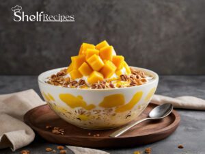 Bingsu topped with fresh mango and condensed milk