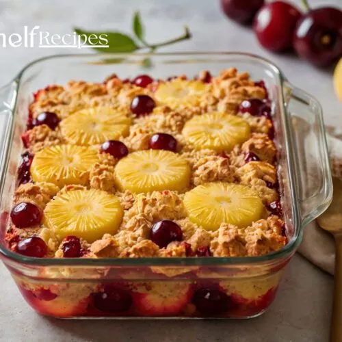 A freshly baked cherry pineapple dump cake with golden crust in a glass baking dish.