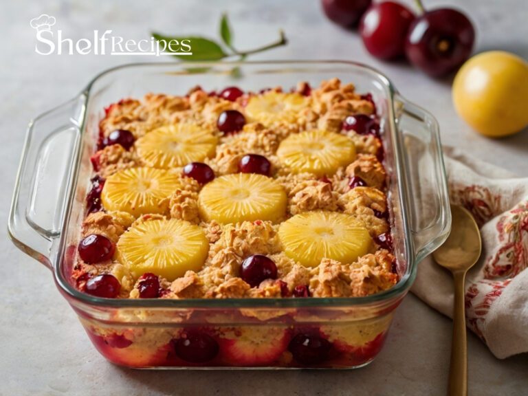 A freshly baked cherry pineapple dump cake with golden crust in a glass baking dish.