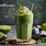 Iced matcha latte in a glass with layers of milk and green tea over ice