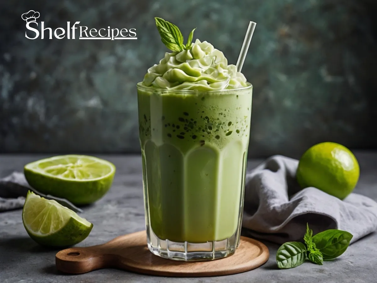 Iced matcha latte in a glass with layers of milk and green tea over ice