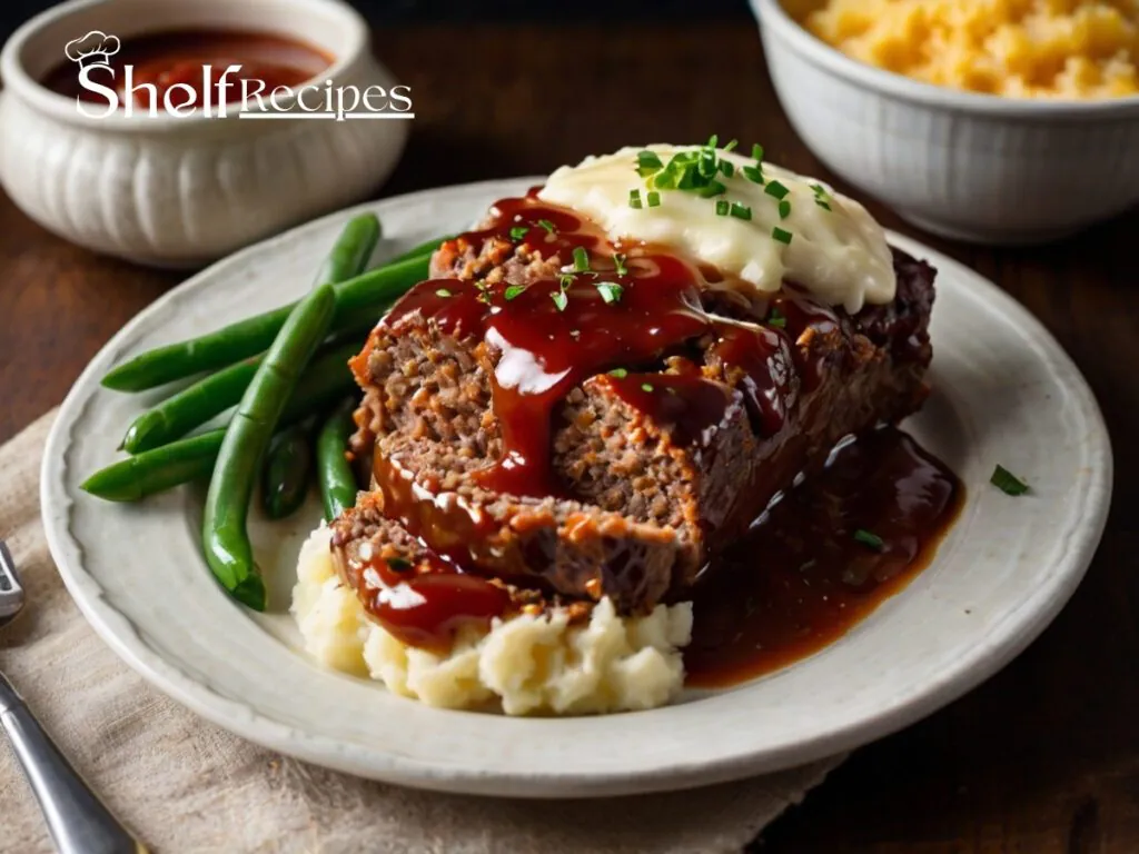 A thick slice of homemade meatloaf topped with a glossy, caramelized ketchup glaze, resting on a plate alongside creamy mashed potatoes and steamed green beans. The meatloaf has a moist, tender texture with visible flecks of cheddar cheese and herbs, evoking a warm, comforting, homestyle meal.