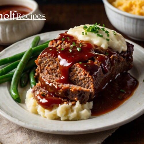 A thick slice of homemade meatloaf topped with a glossy, caramelized ketchup glaze, resting on a plate alongside creamy mashed potatoes and steamed green beans. The meatloaf has a moist, tender texture with visible flecks of cheddar cheese and herbs, evoking a warm, comforting, homestyle meal.