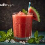 Refreshing glass of freshly blended watermelon juice garnished with mint leaves and served with ice.