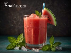 Refreshing glass of freshly blended watermelon juice garnished with mint leaves and served with ice.