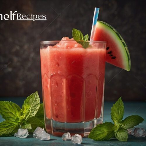 Refreshing glass of freshly blended watermelon juice garnished with mint leaves and served with ice.