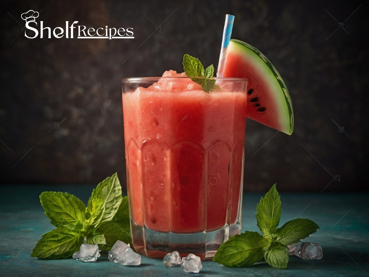 Refreshing glass of freshly blended watermelon juice garnished with mint leaves and served with ice.