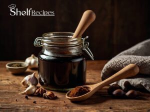 A small glass jar filled with dark, glossy homemade Worcestershire sauce, placed on a rustic wooden table. Surrounding the jar are fresh ingredients like garlic cloves, tamarind paste, molasses, and a spoon resting beside a folded kitchen towel. The scene conveys a cozy, homemade vibe, emphasizing natural, alcohol-free ingredients