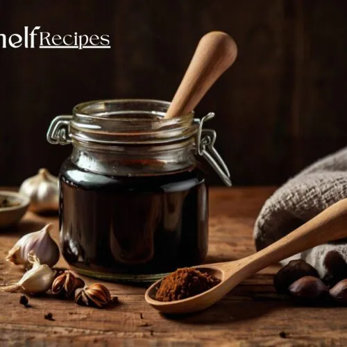 A small glass jar filled with dark, glossy homemade Worcestershire sauce, placed on a rustic wooden table. Surrounding the jar are fresh ingredients like garlic cloves, tamarind paste, molasses, and a spoon resting beside a folded kitchen towel. The scene conveys a cozy, homemade vibe, emphasizing natural, alcohol-free ingredients
