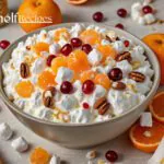 Bowl of ambrosia salad filled with a creamy mixture of mandarin orange segments, crushed pineapple, halved maraschino cherries, mini marshmallows, shredded sweetened coconut, and chopped nuts, all blended with whipped topping and sour cream.