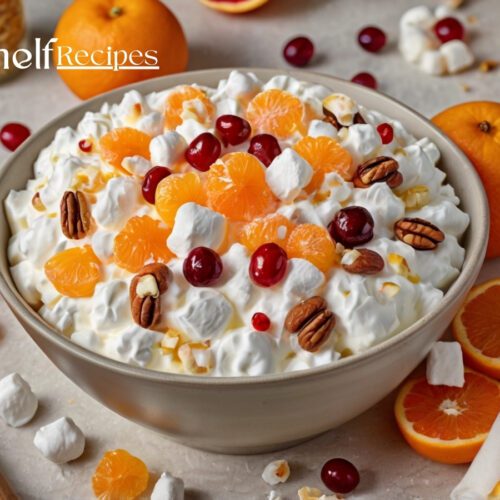 Bowl of ambrosia salad filled with a creamy mixture of mandarin orange segments, crushed pineapple, halved maraschino cherries, mini marshmallows, shredded sweetened coconut, and chopped nuts, all blended with whipped topping and sour cream.