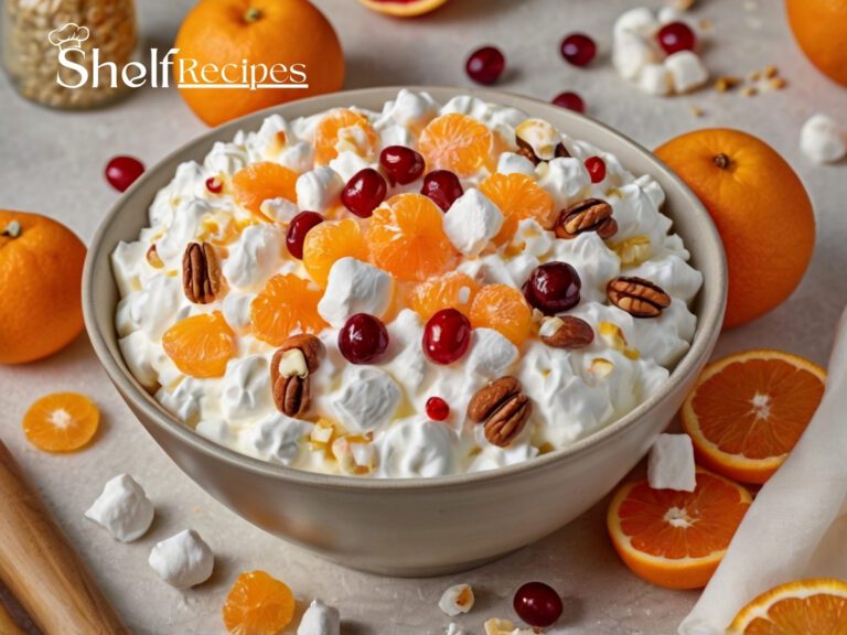 Bowl of ambrosia salad filled with a creamy mixture of mandarin orange segments, crushed pineapple, halved maraschino cherries, mini marshmallows, shredded sweetened coconut, and chopped nuts, all blended with whipped topping and sour cream.
