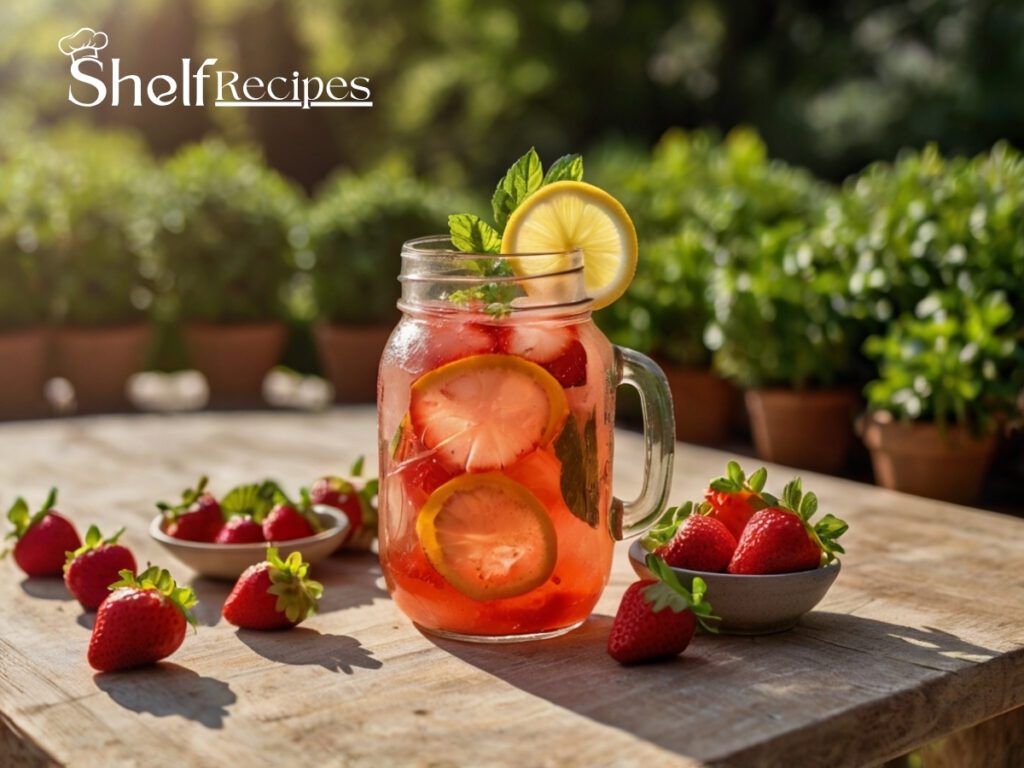 a glass jar of strawberry lemonade recipe with strawberries and a bowl of strawberries