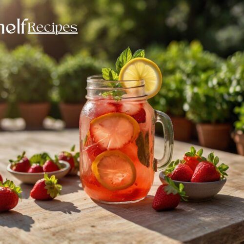 a glass jar of strawberry lemonade with strawberries and a bowl of strawberries