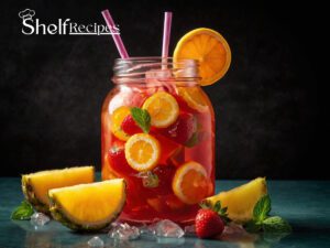 A jar and a glass filled with fruit punch, garnished with slices of orange, strawberry, pineapple chunks, and mint leaves, with ice cubes floating inside.