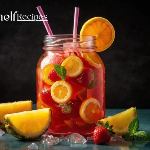 A jar and a glass filled with fruit punch, garnished with slices of orange, strawberry, pineapple chunks, and mint leaves, with ice cubes floating inside.