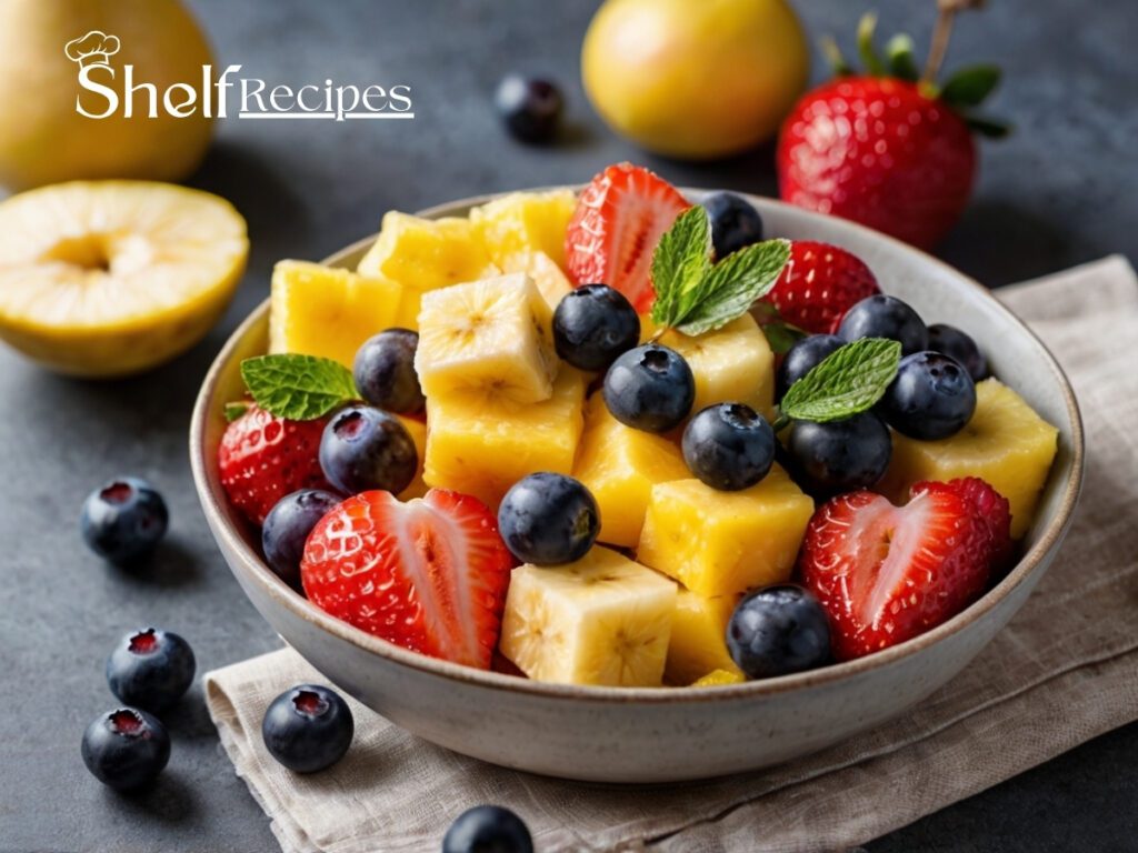 fruit salad recipe with chopped strawberries, sweet pineapple, red grapes, ripe bananas, crisp apples, and antioxidant-rich blueberries.