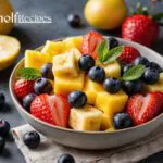 fruit salad recipe with chopped strawberries, sweet pineapple, red grapes, ripe bananas, crisp apples, and antioxidant-rich blueberries.