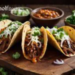three crispy birria tacos filled with shredded beef and melted cheese, garnished with fresh cilantro and chopped onions. The tacos are on a rustic wooden plate with a small bowl of rich consommé for dipping on the side