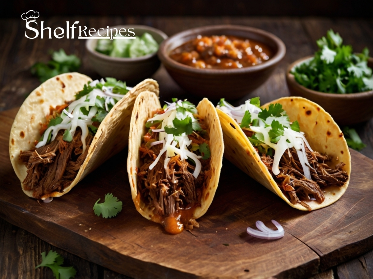 three crispy birria tacos filled with shredded beef and melted cheese, garnished with fresh cilantro and chopped onions. The tacos are on a rustic wooden plate with a small bowl of rich consommé for dipping on the side