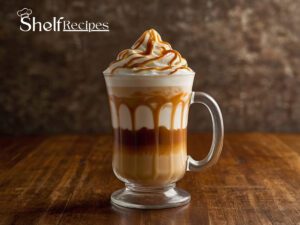 caramel macchiato with distinct layers of milk, espresso, and foam, topped with a rich caramel drizzle in a crosshatch pattern.