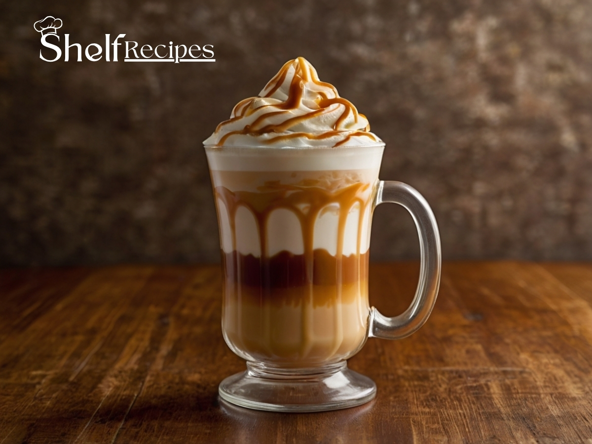 caramel macchiato with distinct layers of milk, espresso, and foam, topped with a rich caramel drizzle in a crosshatch pattern.