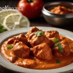 Tikka Masala served neatly in a dish, showcasing tender chicken pieces coated in a rich, creamy tomato sauce with visible spices
