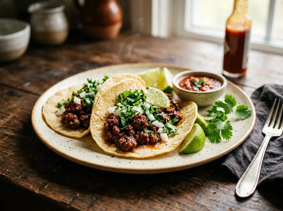Beef chorizo tacos served on warm tortillas with fresh cilantro and lime