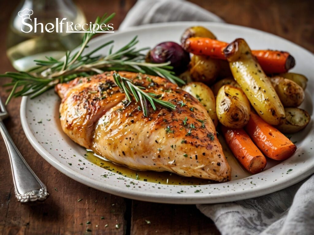 Juicy golden-brown baked chicken breasts seasoned with rosemary, thyme, salt, and pepper, drizzled with olive oil. Fresh herbs are sprinkled on top, with crispy edges and tender meat. Served on a white ceramic plate with roasted vegetables (like carrots and potatoes) in the background, styled for a rustic home-cooked meal.