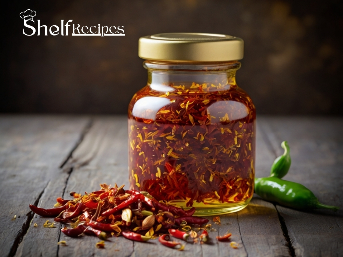 A jar of homemade chili oil with vibrant red chili flakes, garlic, and aromatic spices, perfect for adding heat and flavor to any dish.