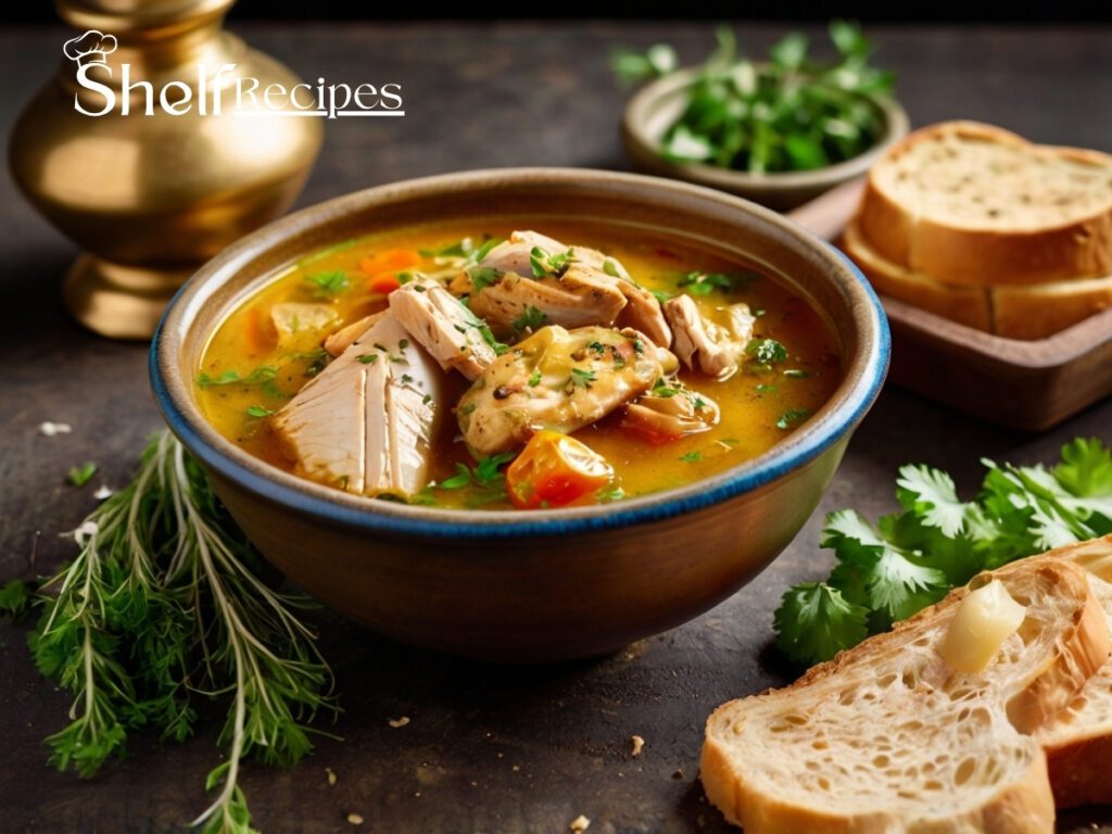A bowl of Kuwaiti Tashreeb with tender chicken, vegetables, and soaked bread in a flavorful golden broth, garnished with fresh herbs.