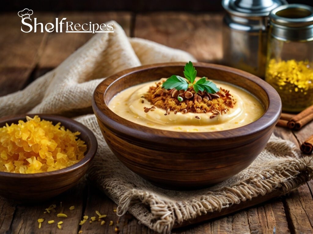 creamy Emirati Harees in a bowl, topped with ghee and cinnamon, served with khameer bread on a rustic table