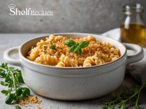 A serving of creamy blue cheese pasta bake topped with golden breadcrumbs, garnished with fresh herbs, in a white ceramic dish