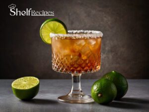 Glass of non-alcoholic tamarind margarita with lime and Tajín rim