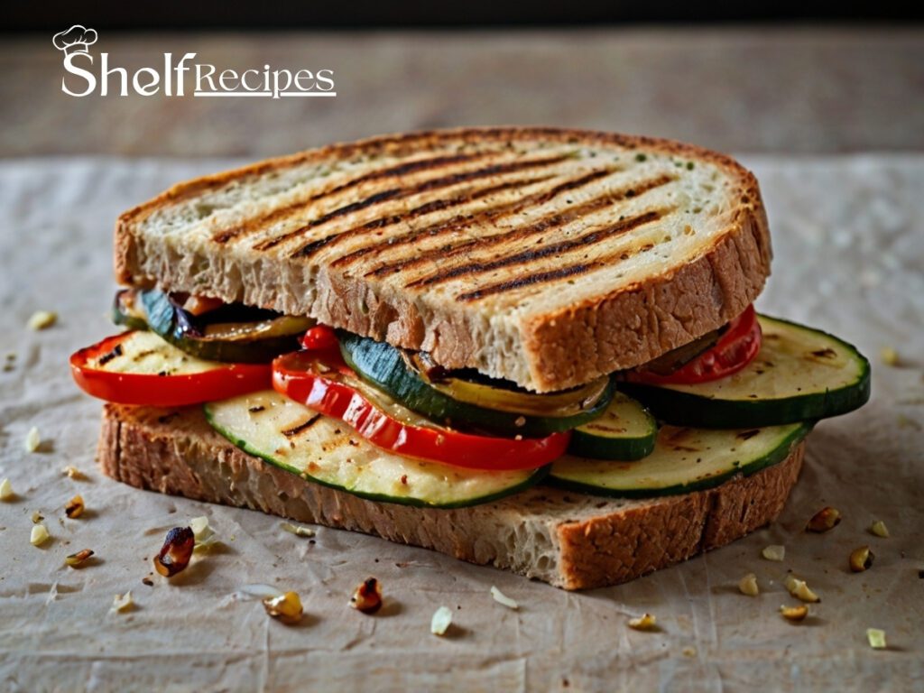 Vegetarian panini filled with grilled zucchini, roasted red peppers, caramelized onions, and provolone, pressed on whole grain bread.