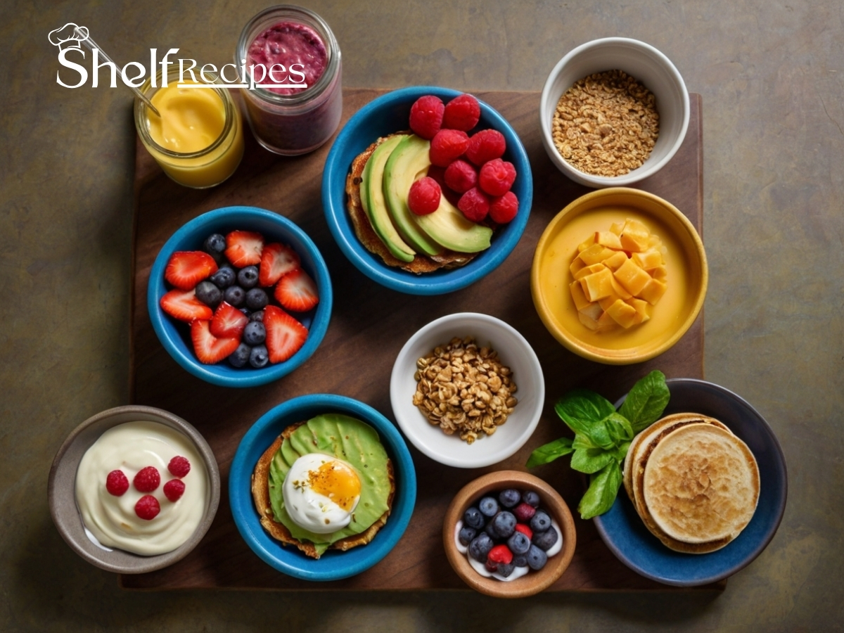 A colorful flat-lay image displaying a vibrant variety of healthy breakfast options on a clean table—avocado toast, smoothies, yogurt parfaits, pancakes, wraps, and chia pudding. Each dish is neatly plated or jarred, showing fresh ingredients like fruits, vegetables, whole grains, and dairy. The scene reflects a wholesome, quick-to-make breakfast theme without any utensils, emphasizing natural textures and a cozy, nutritious morning vibe.