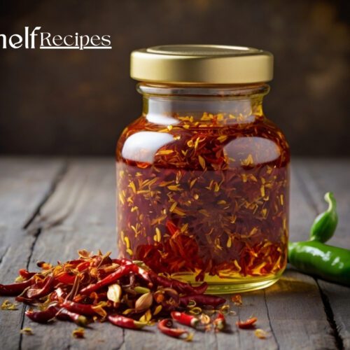 A jar of homemade chili oil with vibrant red chili flakes, garlic, and aromatic spices, perfect for adding heat and flavor to any dish.