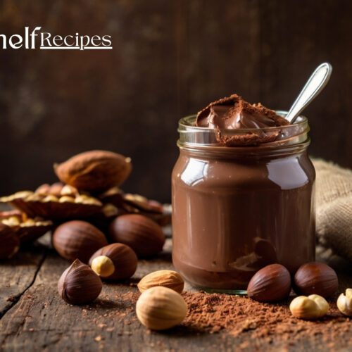 A glass jar filled with creamy homemade Nutella spread, surrounded by toasted hazelnuts, cocoa powder, and a spoonful of chocolatey goodness, placed on a rustic wooden surface.