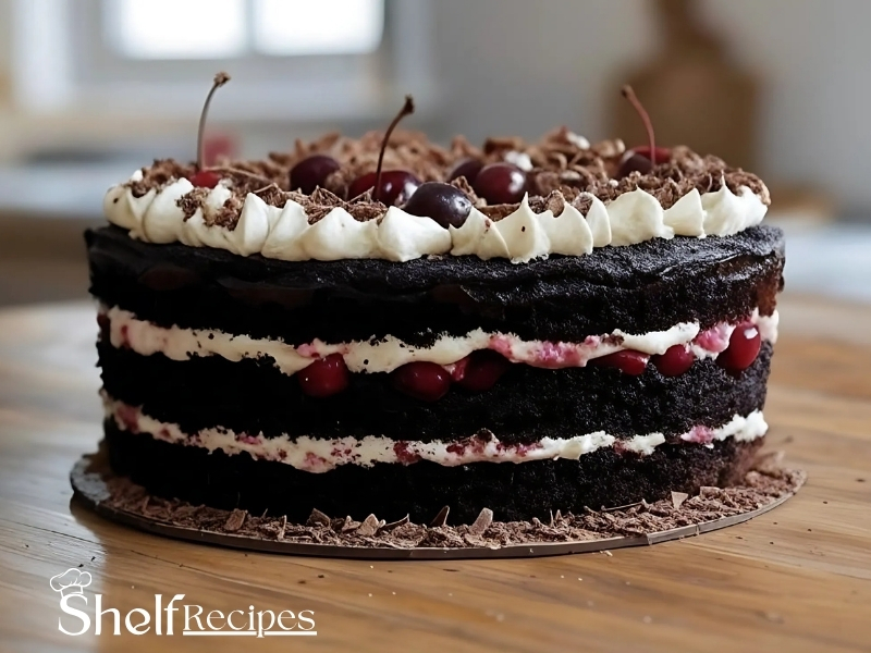 A delicious-looking Black Forest cake sits on a wooden table. The cake features multiple layers of rich, dark chocolate sponge, filled with whipped cream and cherries. The top is adorned with a generous swirl of whipped cream, chocolate shavings, and whole cherries with stems, adding a vibrant contrast to the dark cake. The base of the cake is surrounded by more chocolate shavings, enhancing its decadent appearance. The background is softly blurred, highlighting the cake as the focal point of the image.