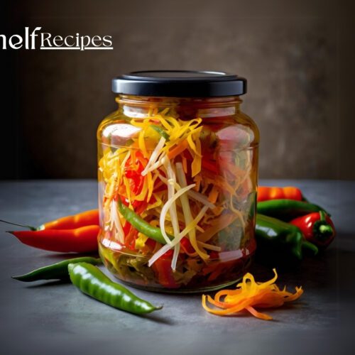 A jar of colorful pikliz with shredded vegetables and scotch bonnet peppers.