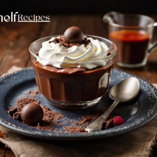 A glass dessert cup filled with Jello chocolate pudding, topped with a swirl of whipped cream and a chocolate truffle. The cup is placed on a blue plate with cocoa powder sprinkled around, accompanied by a silver spoon and a raspberry. In the background, there's a glass jug with a red sauce, all set on a wooden table with a beige cloth underneath.