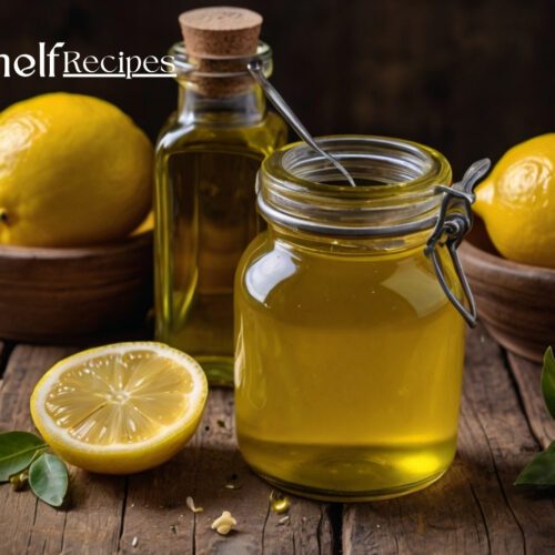 A glass jar filled with golden lemon vinaigrette, surrounded by fresh lemons, a whisk, and a small bowl of olive oil on a rustic wooden surface.