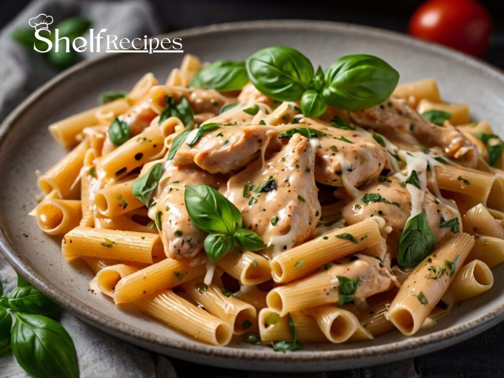 A close-up of creamy Marry Me Chicken Pasta topped with fresh basil.